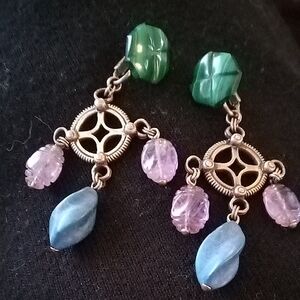 Stephen Dweck 925 Green, Purple & Blue Drop Clip On Earrings